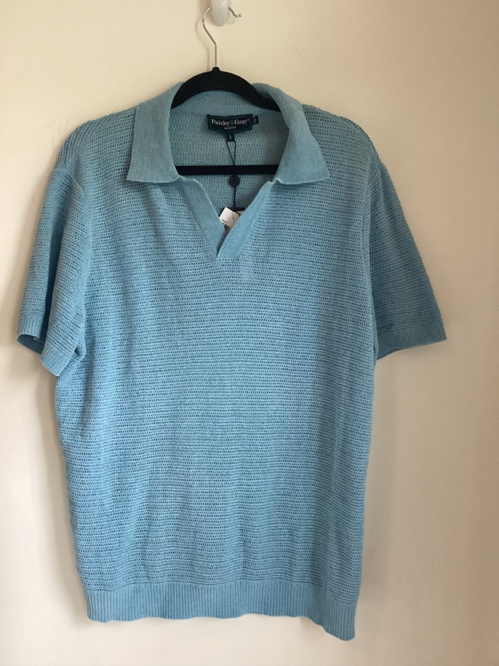 Paisley & Gray Men’s Large Open Knit Johnny Collar Polo Light Blue Chenille NWT